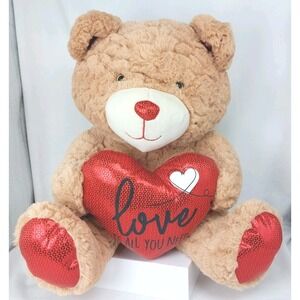 Valentine's Day 15" Teddy Bear Red Sparkle LOVE IS ALL YOU NEED Plush Tan Soft